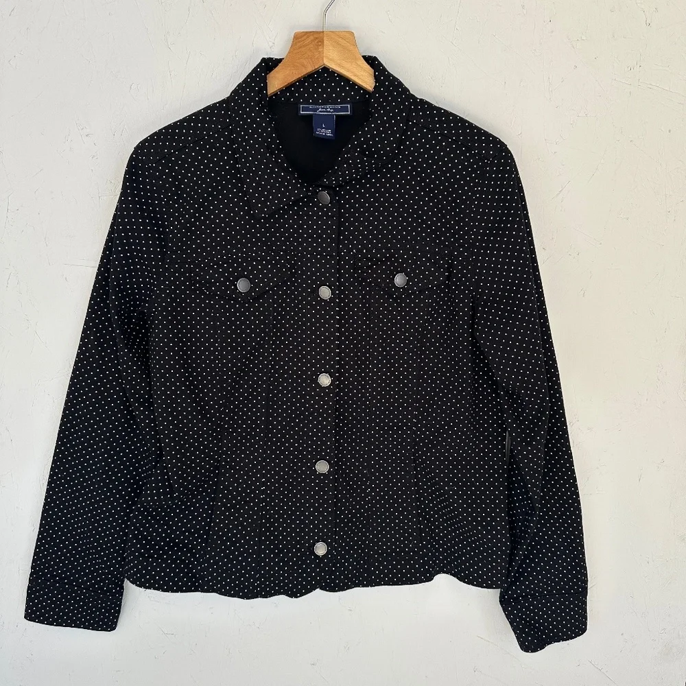 Charter Club Navy Blue and White Polka Dot Women's  Jean Jacket Large